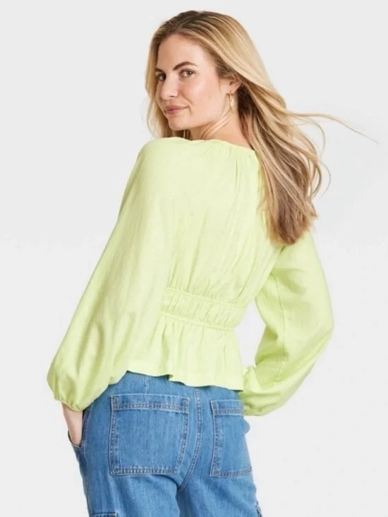 Light Green Peplum Tie-Front Blouse - Women Size Medium - Picture 3 of 3